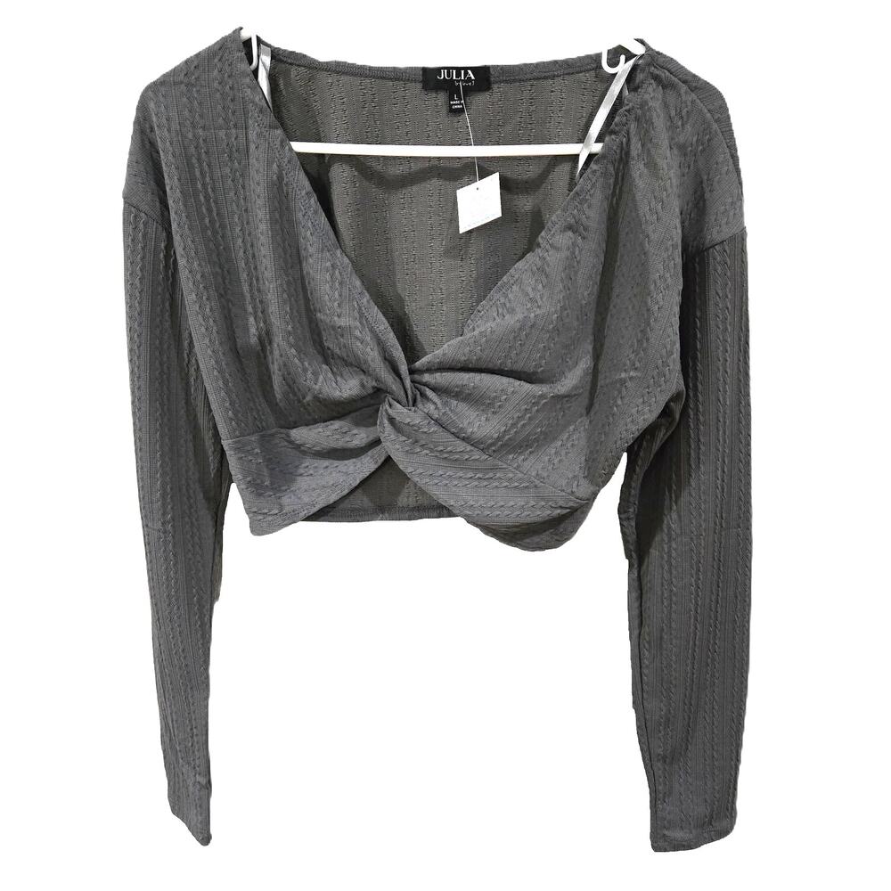 Julia Size Large Women's Gray Textured Knit Twist Front Crop Top